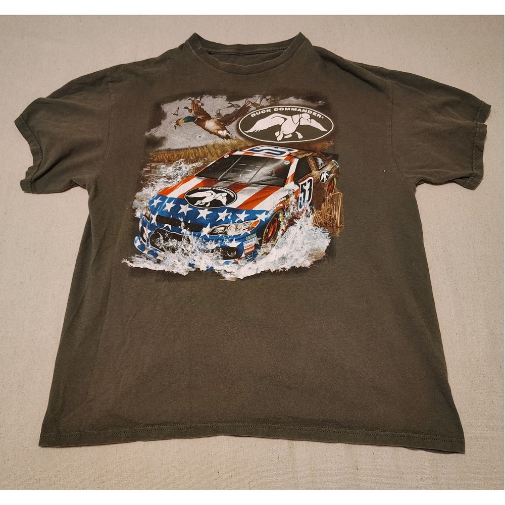Duck Commander Mens Y2K T-Shirt Olive Green NASCAR Race Car American Flag L